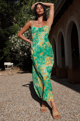 Floral Print Spaghetti Strap Open Back Maxi Dresses-Green